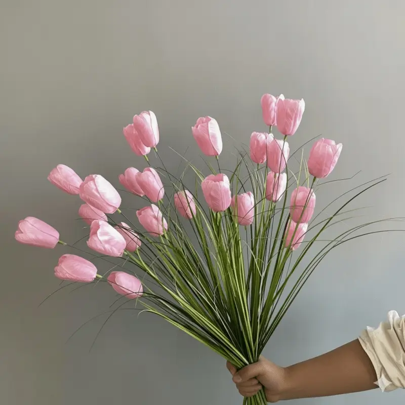 Artificial Tulips Flowers 3Pcs Fake Tulips with Reed Grass, Lifelike Pampas Grass Bouquet for Home Living Room Bedroom Wedding Farmhouse Rustic Decor, Decorative Silk Flower Arrangement