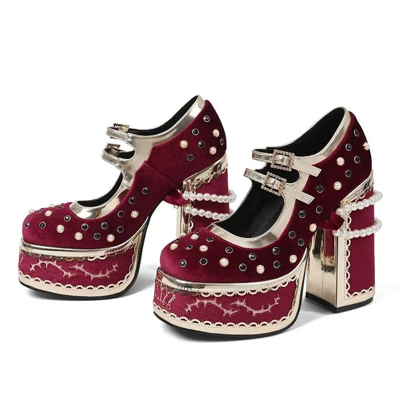 Red Velvet Lolita Platform Heels for Women Gothic Chunky Heel Mary Jane Shoes with Pearls and Rhinestones Princess Cosplay Pumps for Party Wedding summerwins