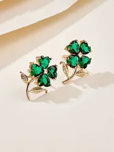 Elegant Emerald Heart Rhinestone Clover Flower Earrings, Chic Women's Evening Party Jewelry, Stylish Ear Rings for Special Occasions, Floral Stud Earrings, Earrings Studs