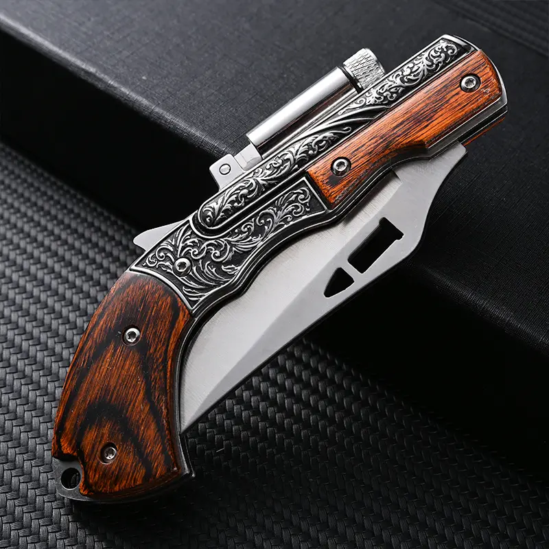 Tactical Folding Kitchen Knife with Wood Handle, Engraved Design, Built-in Mini LED Light & Portable EDC Pocket Feature for Camping, Outdoor Survival Gear