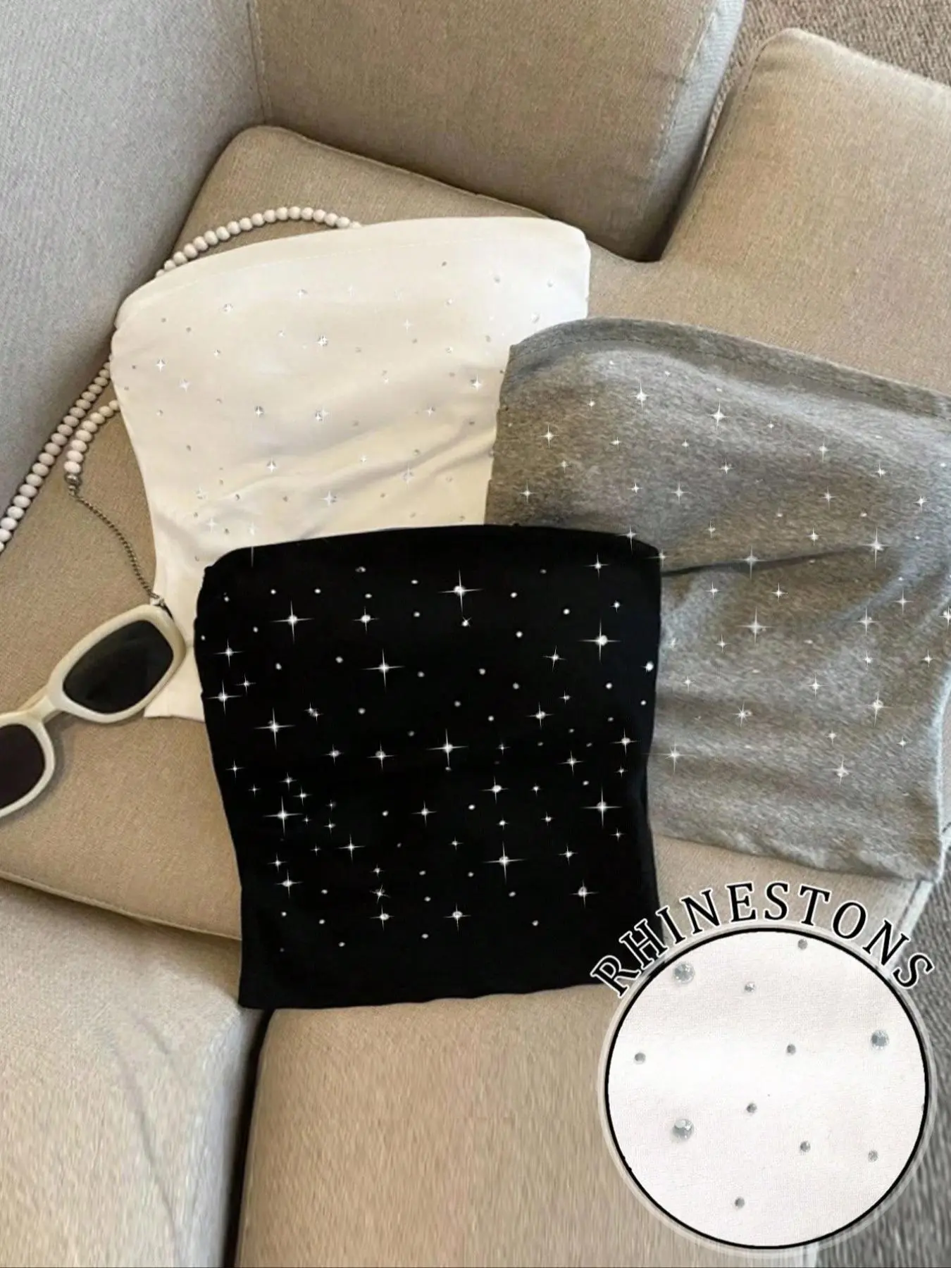 Women's 3-Piece Fashion Casual Summer Sleeveless Daily Comfort Soft Skin Feel Solid Design Rhinestone Slimming Fitted Tube Top Glitter Vest Set Solid Tank Top, Versatile Inner and Outer Wear Outfit Everyday Womenswear