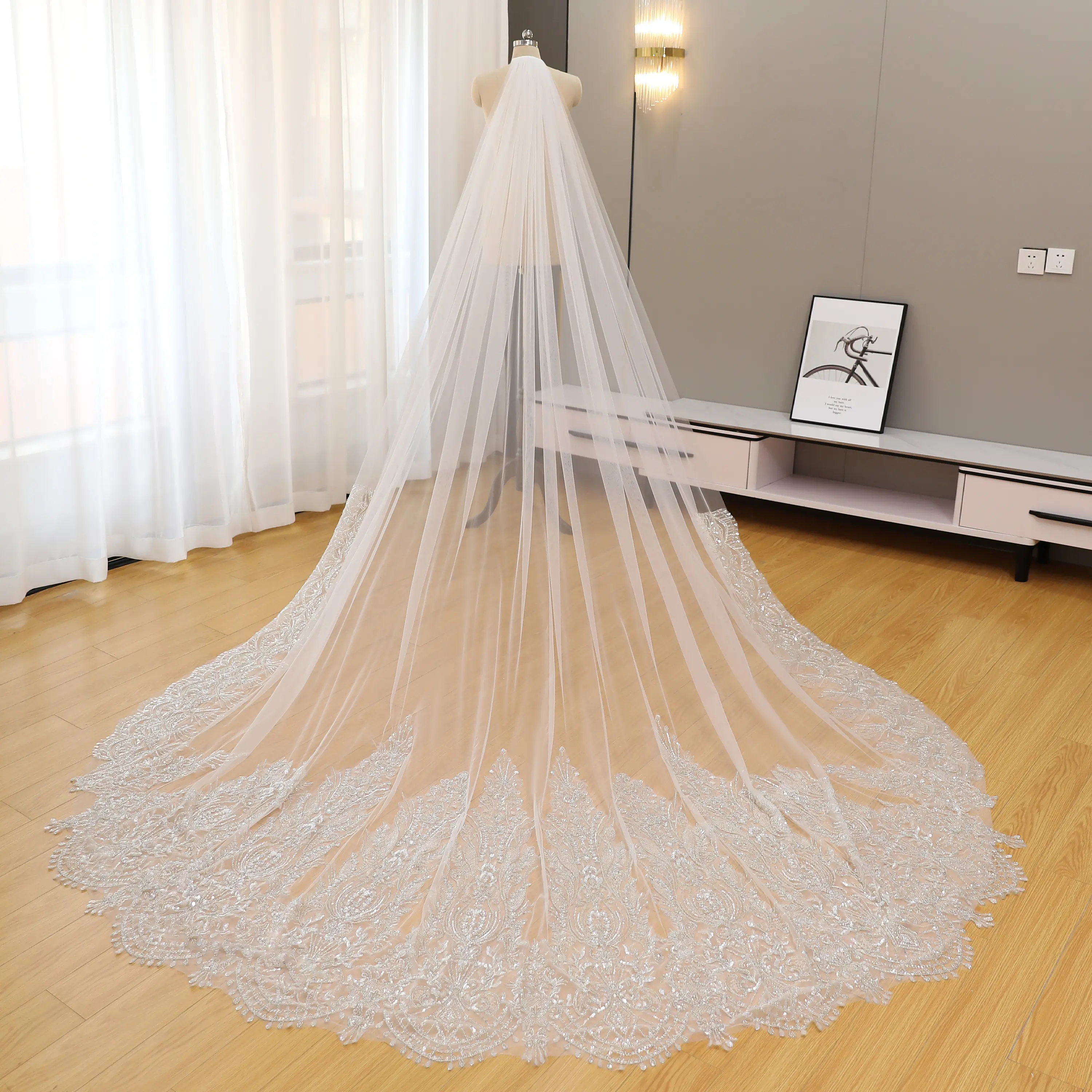 Cathedral Bridal Veil with Sequin Lace Edge - Regular Sheer Tulle
