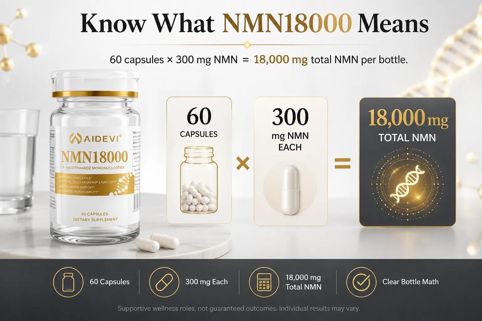 AIDEVI NMN 18000 Dietary Supplement, 300 mg β-Nicotinamide Mononucleotide Formula, 60 Capsules