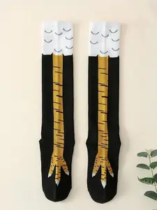 Men's Trendy Cartoon Print Over The Calf Socks, Cute Chicken Feet Design Knit Socks, Comfort Hosiery for Men Indoor Outdoor Wear