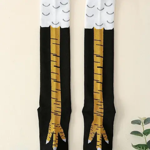 Men's Trendy Cartoon Print Over The Calf Socks, Cute Chicken Feet Design Knit Socks, Comfort Hosiery for Men Indoor Outdoor Wear