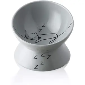 Raised Cat Bowl for Dry Wet Cat Food, Ceramic Elevated Pet Bowl Cat Dish, Protect Cat'S Spine, Stress Free, Slanted Design for Cat Easy Eating, 10 Oz, Dishwasher Safe (Grey)