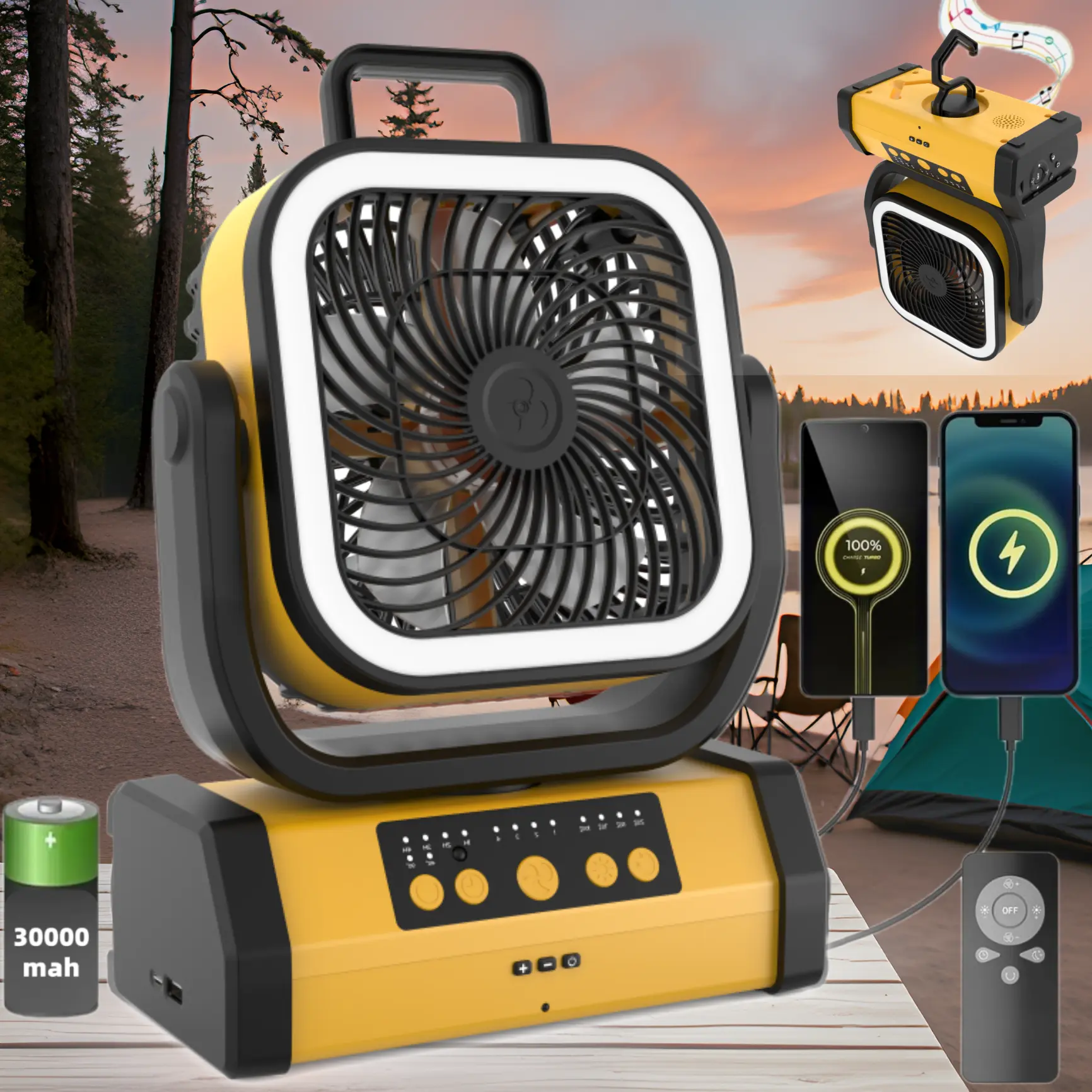 Portable Fan 30000mAh Rechargeable Battery power LED light Lantern Table outdoor smart recharging Fan USB-C for Travel, Bedroom, Home, Camping, Tent, Office, Beach, stand，desk，bathroom，and Fishing