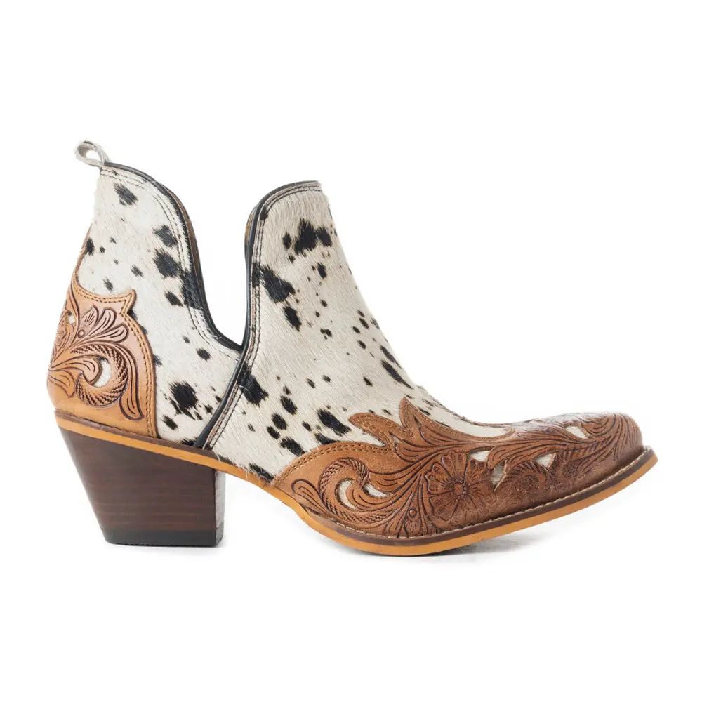 Women's Western Ankle Boots, Hand-Tooled Leather with Unique Hair-on Cowhide, Snip Toe Shoes for Casual Wear & Rodeo Outfit Inspo, Footwear, Statement Shoes, Western Look, Urban Cowboy, Punchy Western Outfit