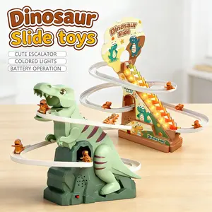 Dinosaur Climbing Slide Toy With Dinosaur Cars, Dinosaur Themed Electric Race Track Game, Inter Moving Dinosaur & Stairs, Indoor/Outdoor Playset, Battery-powered, Gift for Boys & Girls