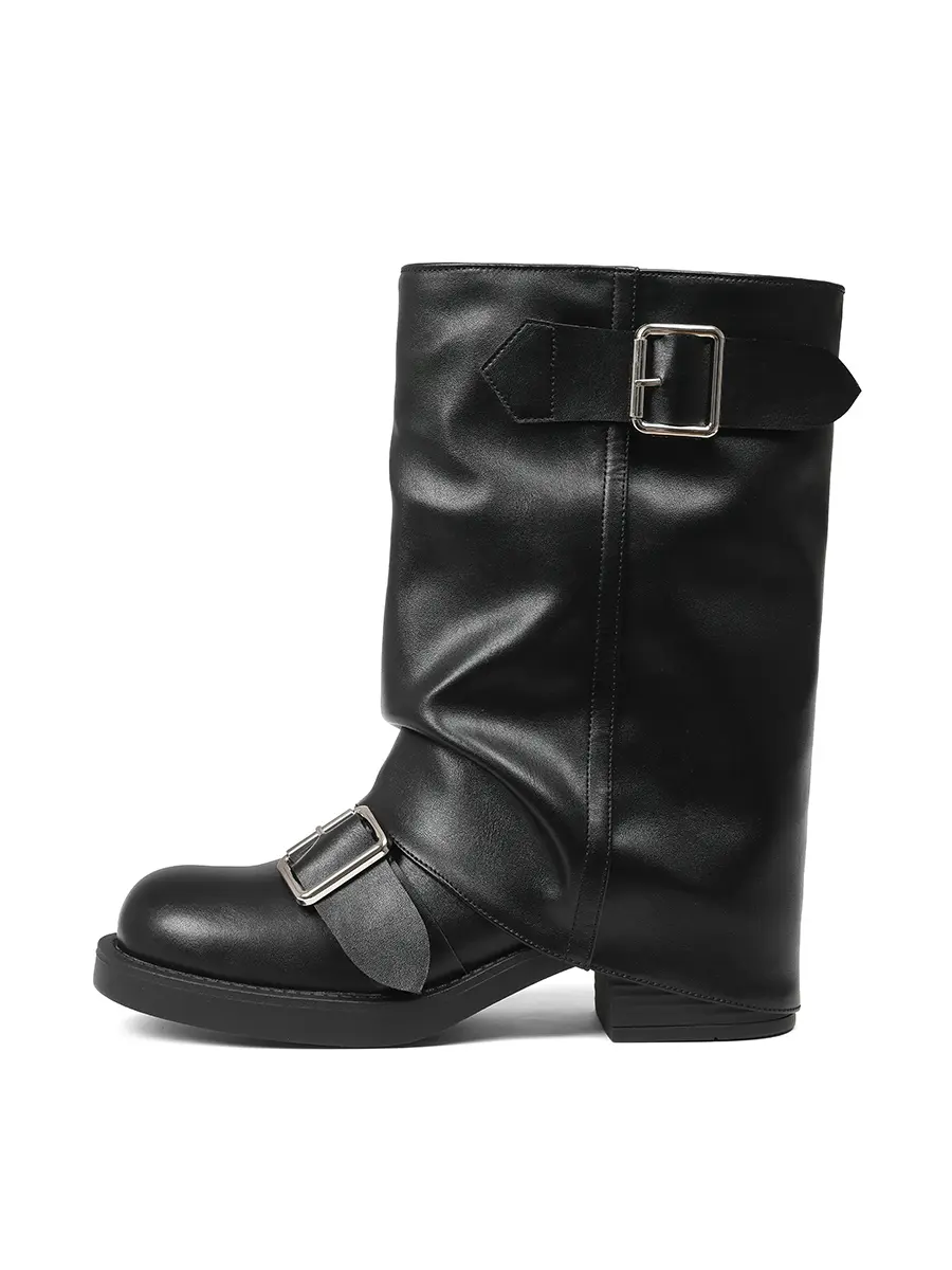 Women's Mid Calf Fold Over Boots with Double Buckle Strap Motorcycle Biker Boots Round Toe Low Heel Slouchy Shark Boots Fall Winter Fashion