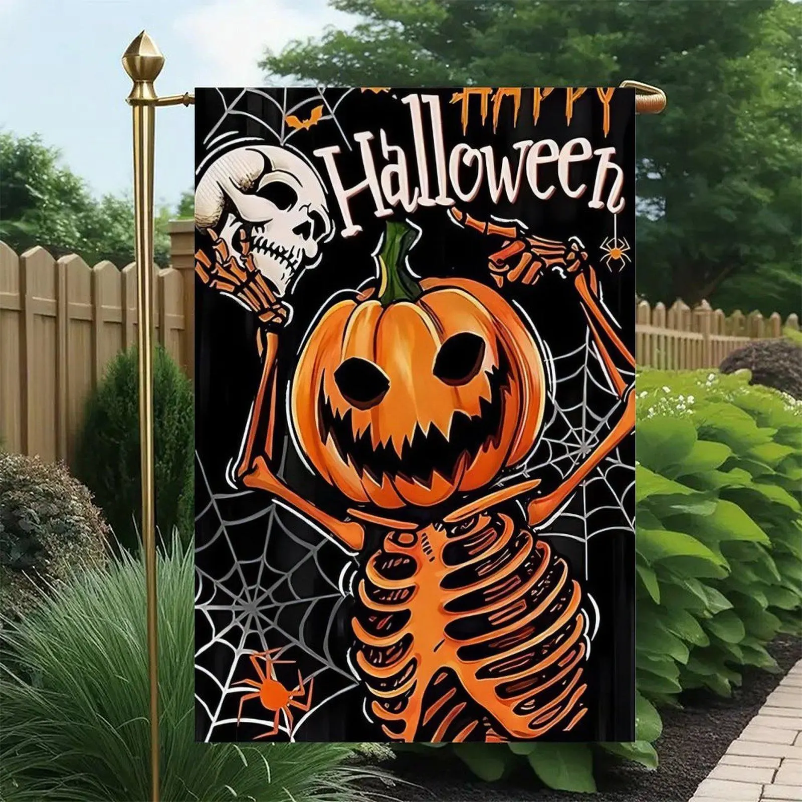 Happy Halloween Skeleton Pumpkin Spider Web Garden Flag, Double Sided Design 12x18in Spooky Skull Black Background Yard Flag