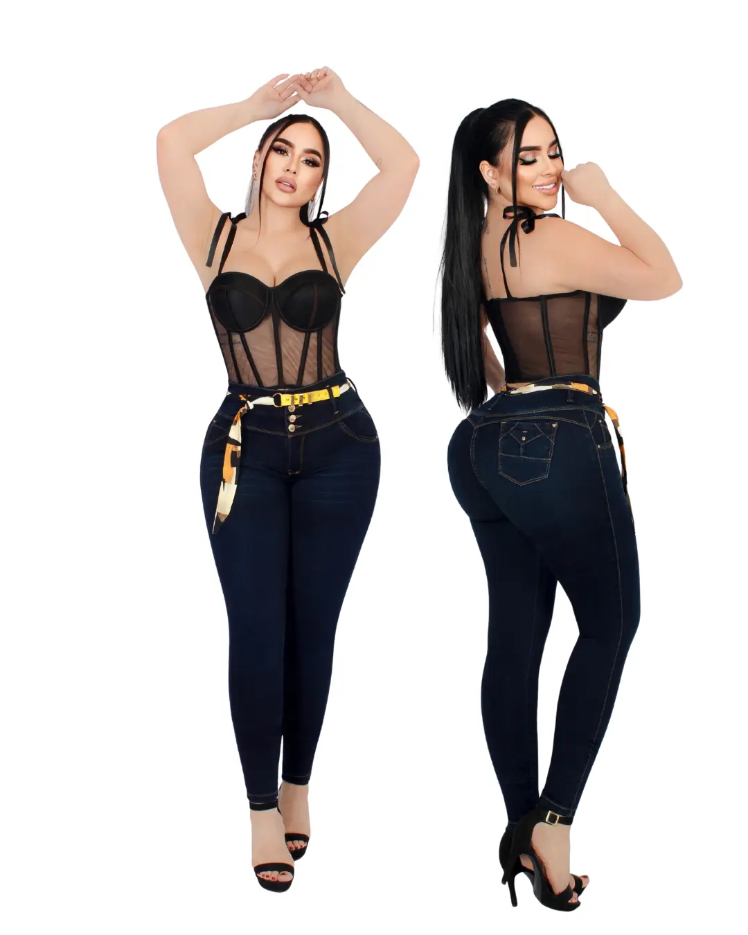 Liana Women's High-Waist Stretchy Denim Pants - Colombian Booty Lifting, Butt Shaping, Curvy Slim Fit, Pockets, Button, Chain Accessory, Cold Wash Compatible, Embellished Bottoms, Fashion Clothes