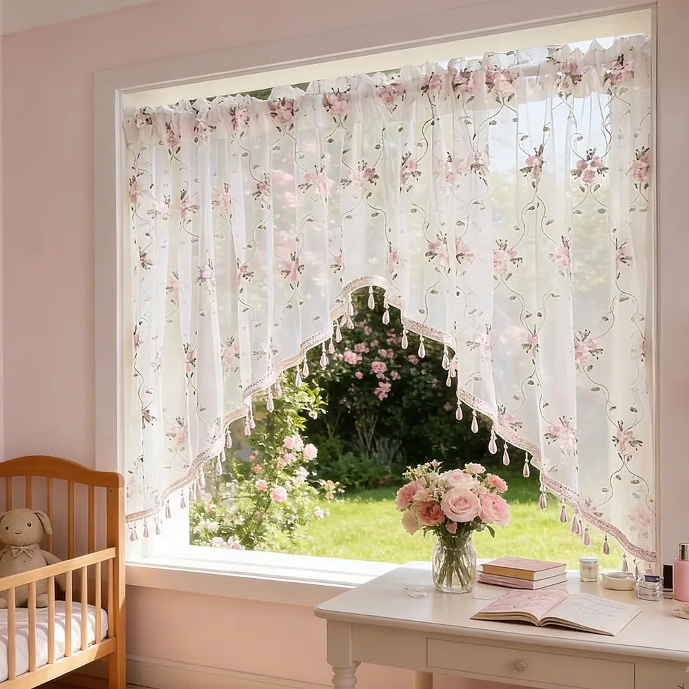 1PC Blush Pink Floral Sheer Curtain Valance, Beaded Vintage Embroidery, Light Filtering Voile, Rod Pocket Top for Kitchen Bedroom, Machine-Wash Simple Curtains for House Decor Vintage Home Decor