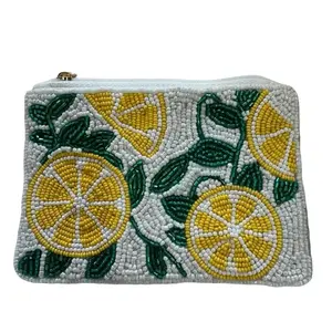 Handmade Coin Beaded Purse with Lemon Design and Green Leaves for Stylish Accessory