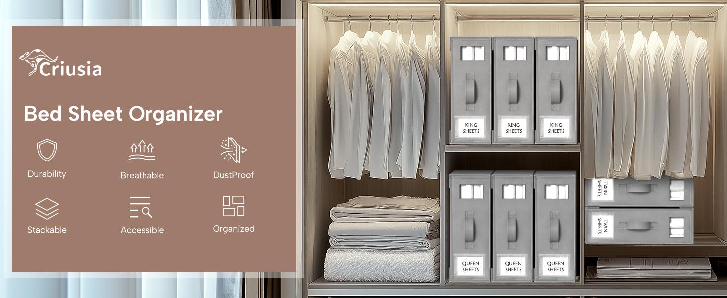Criusia Foldable Bed Sheet Storage Boxes, Set of 4 | Stackable Bed Sheet Organizer and Storage - Fabric Linen Storage Bins for Bedding Sets, Pillowcases - Foldable Closet Organizer with Label Slot Window Criusia Foldable Bed Sheet Storage Boxes, Set of 4 | Stackable Bed Sheet Organizer and Storage - Fabric Linen Storage Bins for Bedding Sets, Pillowcases - Foldable Closet Organizer with Label Slot Window