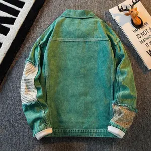 Vintage men’s denim patchwork jacket for spring/autumn, high street fashion, casual loose fit, jeans-style outerwear—streetwear menswear tops