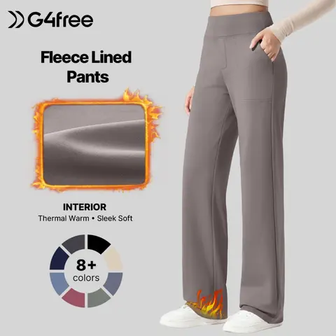 G4Free EverGoing Womens Fleece Lined Wide Leg Pull‑On Pants, Dressy for Work & Casual Outfits | Thermal Warm, Sleek Soft Fabric, Mock Fly Design, Faux Back Pockets, Side Pockets, Elastic Waist, Ideal Fall Winter Apparel,  #sohochic