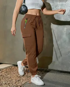 1 pack of 3 women’s summer cargo pants with zippered pockets, featuring a fashionable large pocket design and an elastic waistband; casual outdoor/daily slim-fit long pants