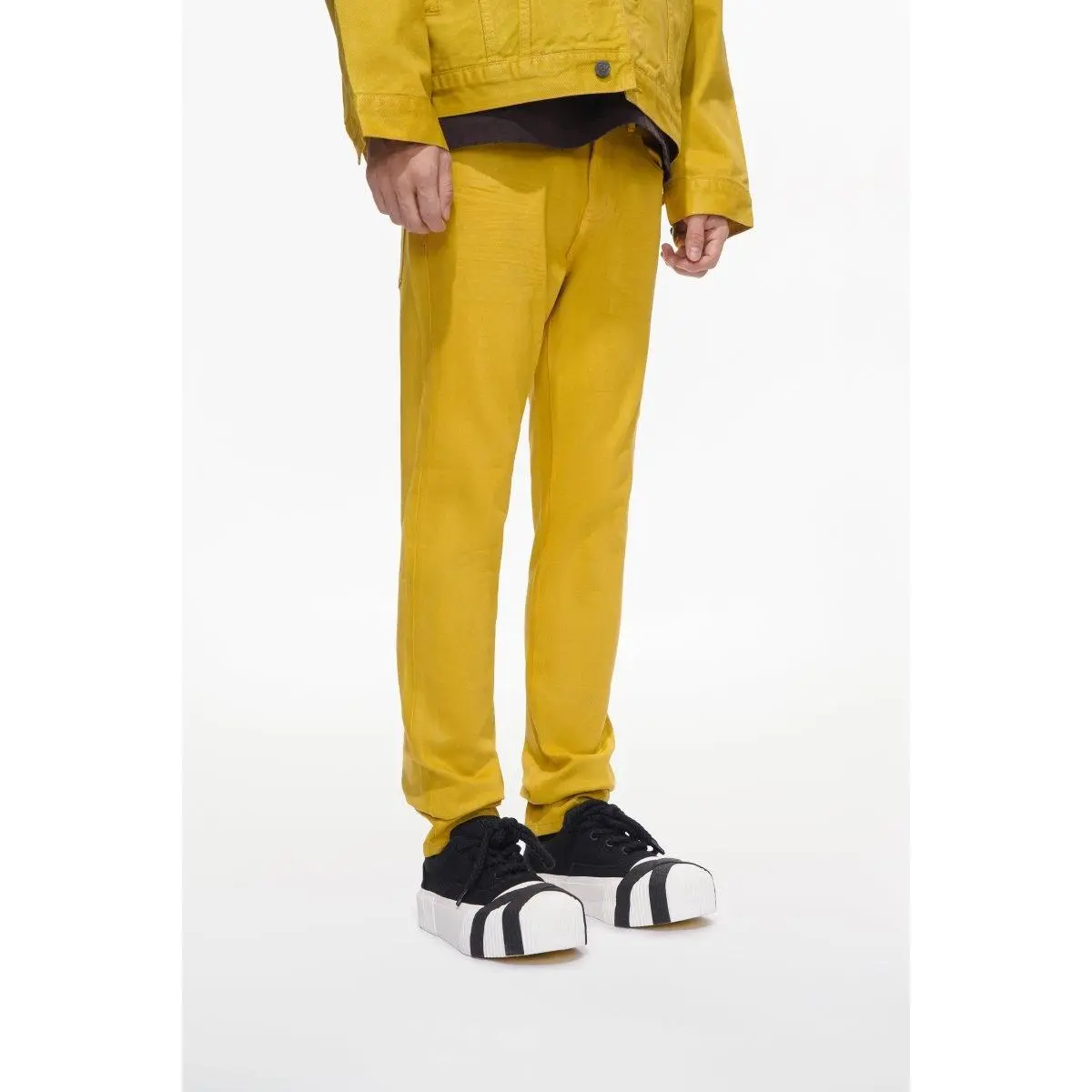 Men's Yellow Waxed Slim-Fit Coated Denim Jeans - Fashion Apparel with Smooth Modern Shine, Chic Streetwear Outfits, Spot Clean Menswear Bottoms, Do Not Iron, Standout Streetwear, Wax Coating, Pants, Wax Finish