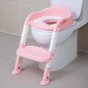 Potty Training Toilet Chair Seat with Step Stool Ladder for Kids and Toddler Boys Girls - Foldable Height Adjustable Children Toilet Training Seat with Safe Handles & Anti-Slip Pads, Blue-White