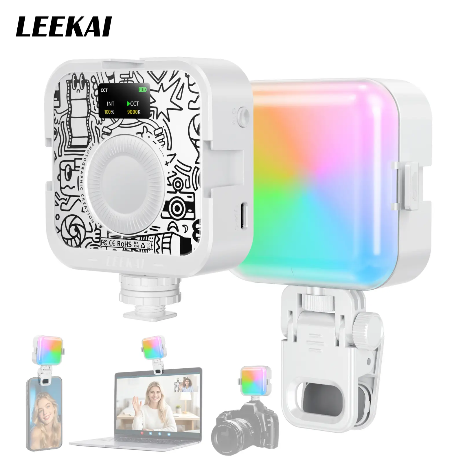LEEKAI P6 RGB Video Light, Portable Photography Lighting with Clip for Phone/Laptop, Cold Shoe Light, CRI95+, 2500K-9000K, 22 Lighting Effects, Fill Light Accessories for Photography, Content Creator, Streaming