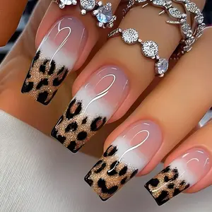 Leopard Print Fake Nails, 24 Pcs/Box Long Square False Nails for Women and Girls DIY Nail Art, Effortless Press-On Nails Manicure Set, Nail Kit, Glam Pack Glitter