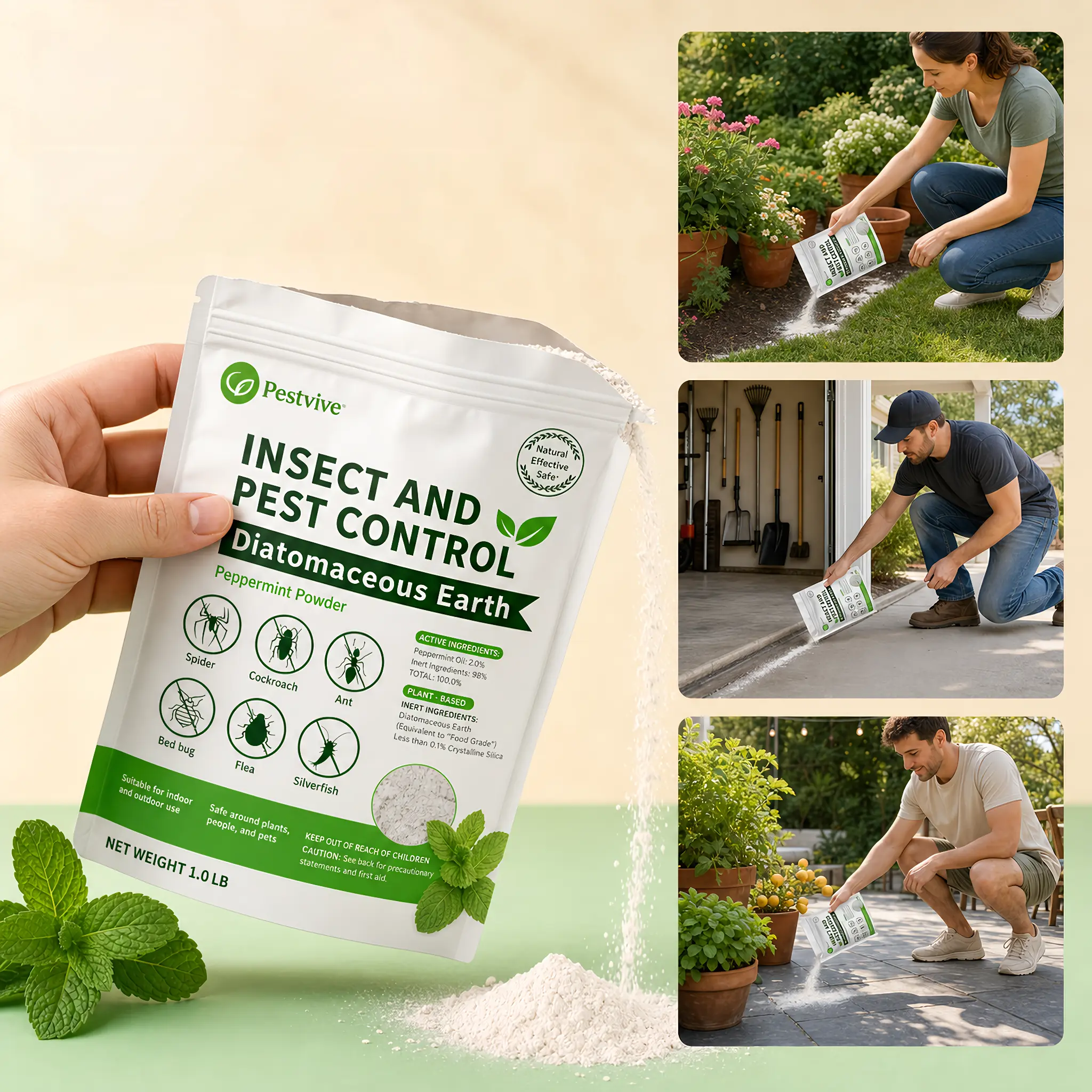 Diatomaceous Earth Food Grade and Peppermint Oil Insect Killer, Natural Crawling Pest Control for Home Garden, Kills Ants, Roaches, Fleas, Bed Bugs Silverfish, Indoor Outdoor Use, 1 lb