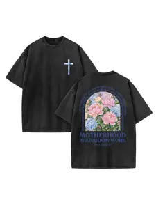Motherhood Is Kingdom Work Proverbs 3125-27 Pink Peony Hydrangea Floral Double Sided Washed Graphic Tee Pastel Floral Cross Chest Arch Motherly Faith Inspirational Casual Unisex Short Sleeve Tee washed graphic tee plus size