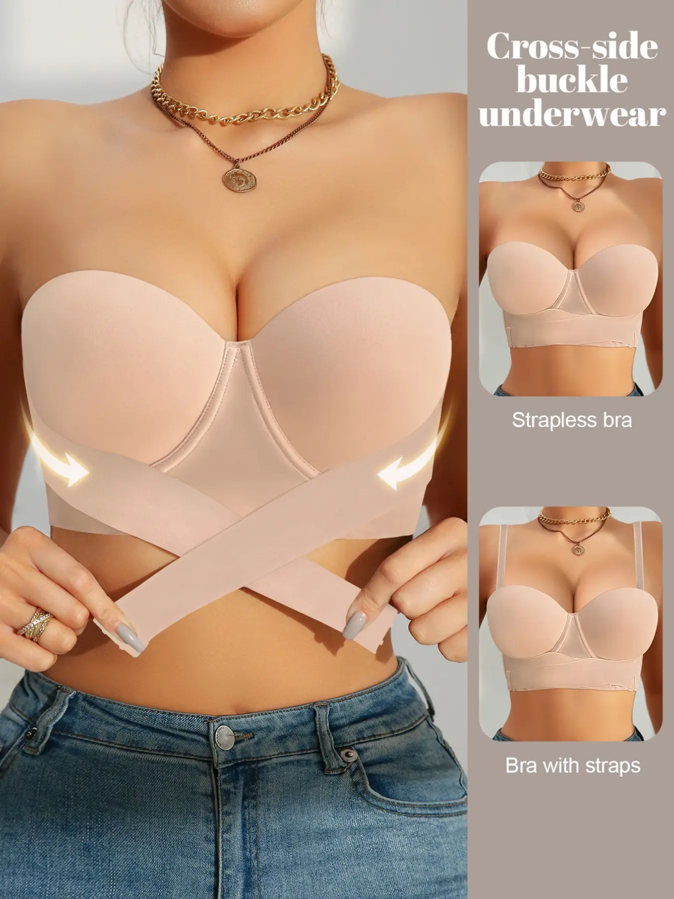 Minimalist Women's strapless bandeau bra, Push Up Bra, Elegant Underwear with front closure and anti-slip design to prevent shifting, made with high-stretch fabric for comfort and Medium support, suitable for everyday wear.