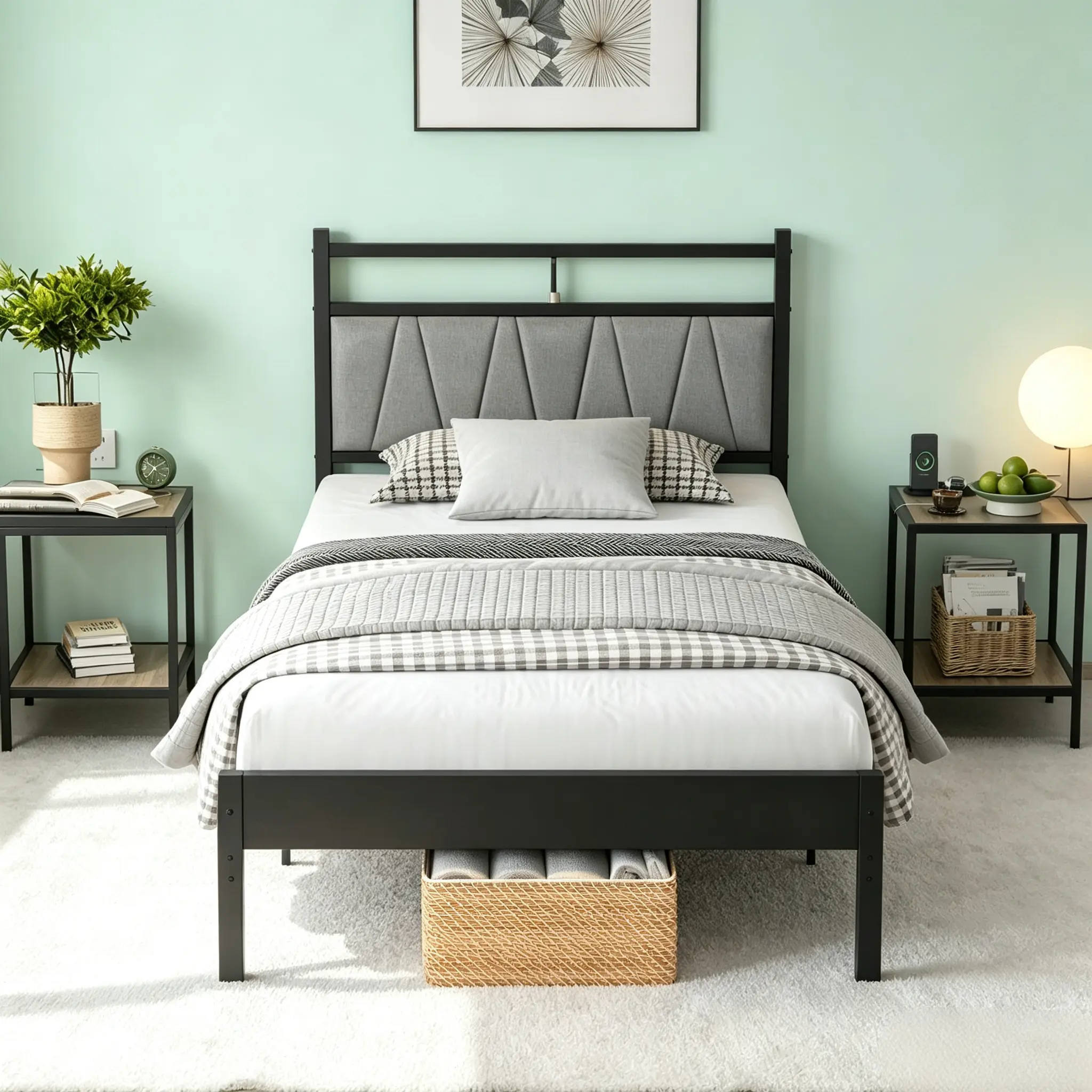 CollaredEagle Twin Bed Frame & Full Size Bed Frames, Metal Platform Bed Frame with Upholstered Headboard, Charging Station, RGB LED Lights & Large Under-Bed Storage for Bedroom
