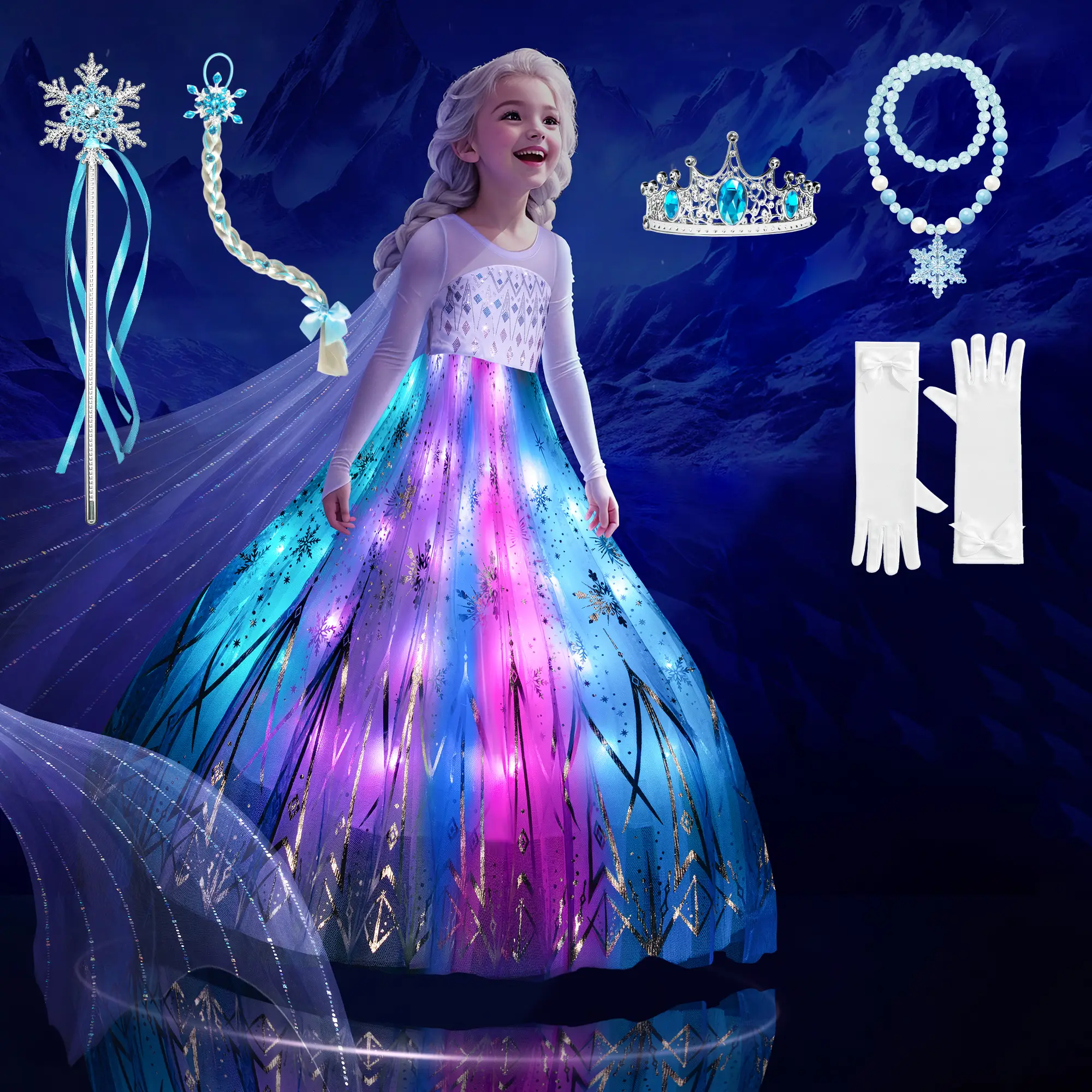 UPORPOR White Light-Up Ice Princess Dress for Girls – 100+ LED Modes, Music Sync, Winter Costume with Accessories (Ages 3-9)
