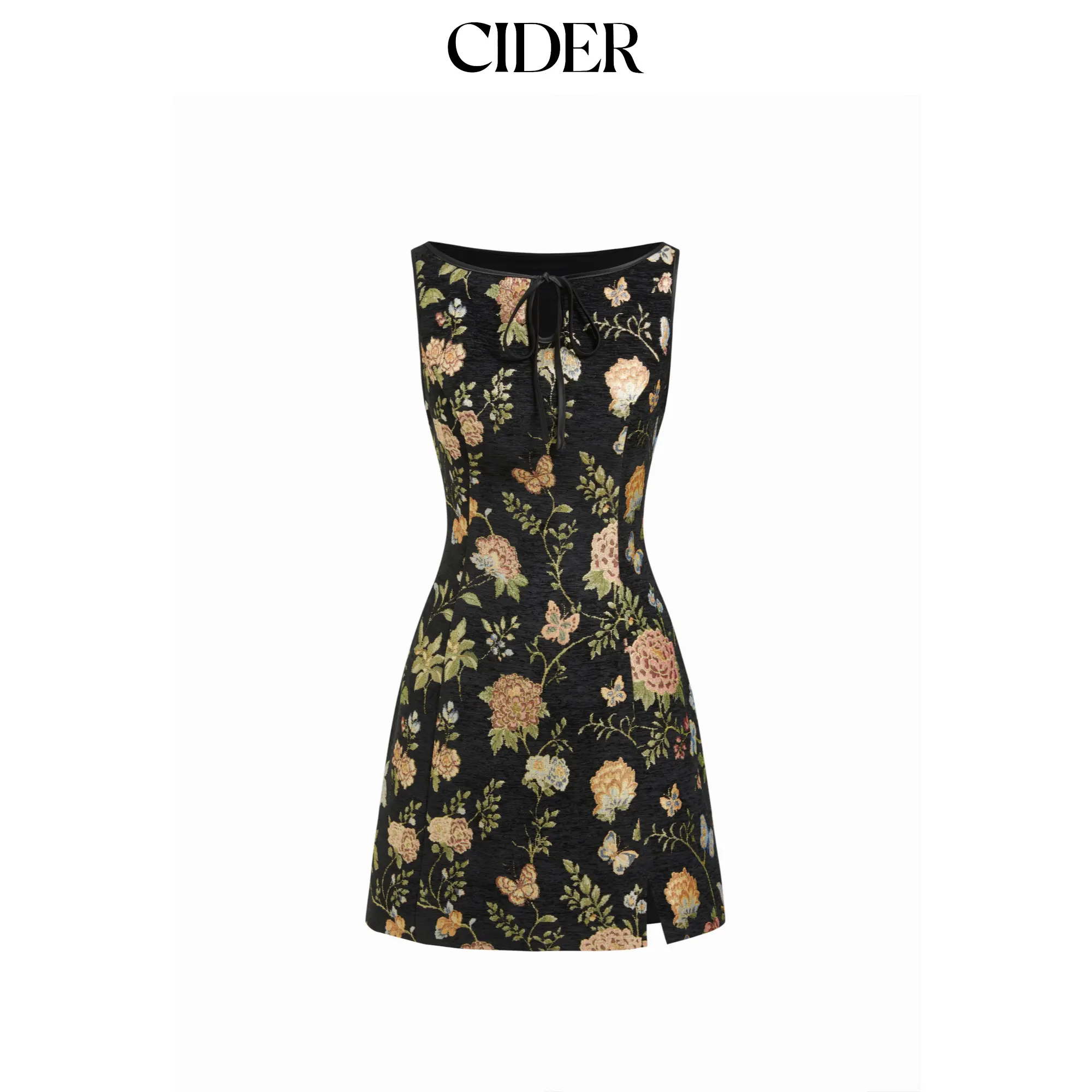 Cider Jacquard Floral Boat Neck Cut Out Mini Dress