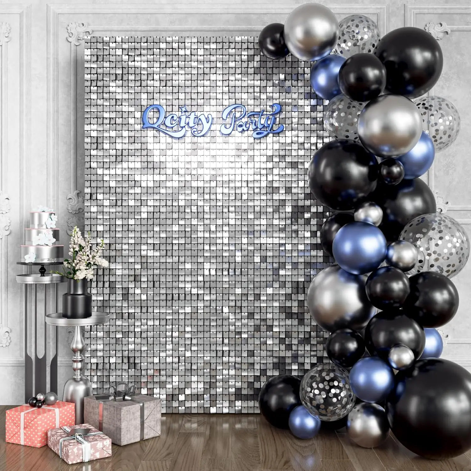 KEQU Silver 4*6 ft 24 pcs sequin decoration, suitable for birthdays, graduation season, carnival, Easter, Valentine's Day, New Year, anniversaries, weddings