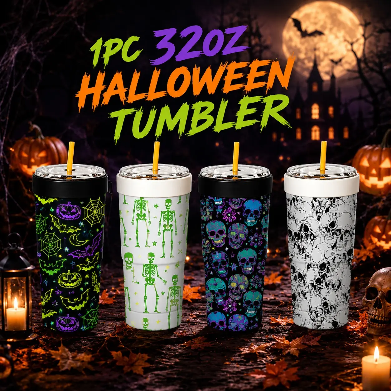 1 Pc 32oz Neon Halloween Pumpkin & Skeleton Print 2-in-1 Stainless Insulated Can Cooler, Includes Tumbler Lid, Converts into a 32oz Travel Tumbler, Fits Most 16-24oz To-Go Coffee & Bubble Tea Cups, No Sweat, Perfect for Halloween, Christmas & Daily Use