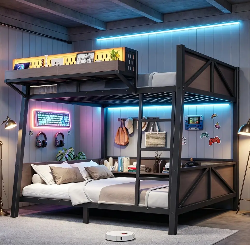 Full Over Full Bunk Bed with LED Lights & USB Charging Ports, Metal Full Size Bunk Bed Frame with Ladder,Safety Guardrails & Storage Shelves, Noise-Reduced Design,No Box Spring Needed,Black