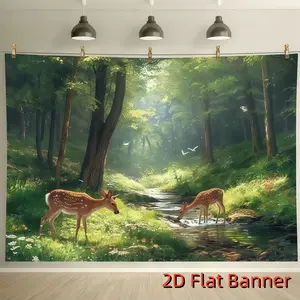 1PC,2D Flat Forest Deer Stream Scenery Backdrop, Festival Event Decoration Photography Background Cloth, Nature - themed Party Backdrop Curtain, Birthday Party Wedding Shooting Decoration Cloth