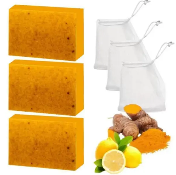 Turmeric Soap 3 Pack With Foaming Soap Bags Natural Ingredients For Daily Body & Facial Cleansing