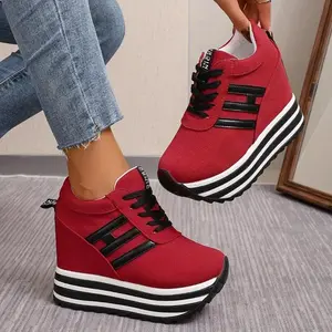 10cm Height Increase Wedge Sneakers - Lace-Up Canvas Shoes With Thick Platform Sole For All Seasons Footwear Trainer