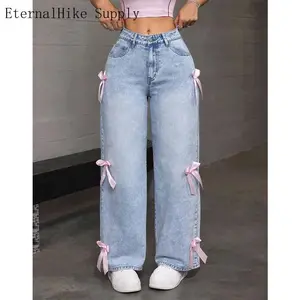WomenJeansWideLegPantsBowWashedHighWaistStreetwearDenimsDistressedVintageStraightAnkleLengthTrousers
