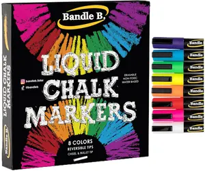 Bandle B. Chalk Markers - 8 Vibrant, Erasable, Non-Toxic, Water-Based, Reversible Tips. For Glass or Chalkboard Markers for Businesses, Restaurants, Liquid Drawing Chalk (Vibrant 6mm)