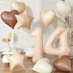 Neutral Beige Number 14 Balloon Set Nude, Cream & Brown Heart and Star Foil Balloons for Parties
