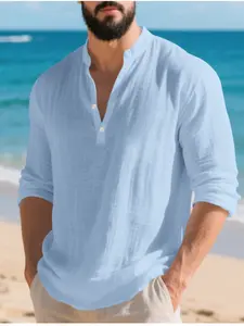 Spring New American Style Loose Linen Casual Trendy Hawaiian Home Commute Long Sleeve Henry Shirt, Casual Loose Fitted, Multi-Scene Fit, Perfect Gift