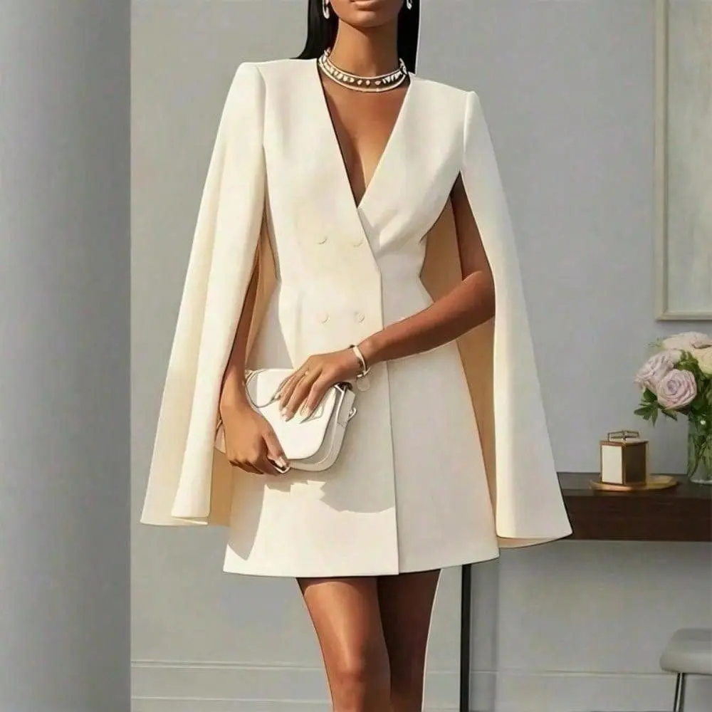 Women's Elegant Solid Color V-Neck Double-Breasted Sleeved Cape Blazer Dress - Formal Cocktail Evening Suit, Spring & Summer Party Banquet Outfit