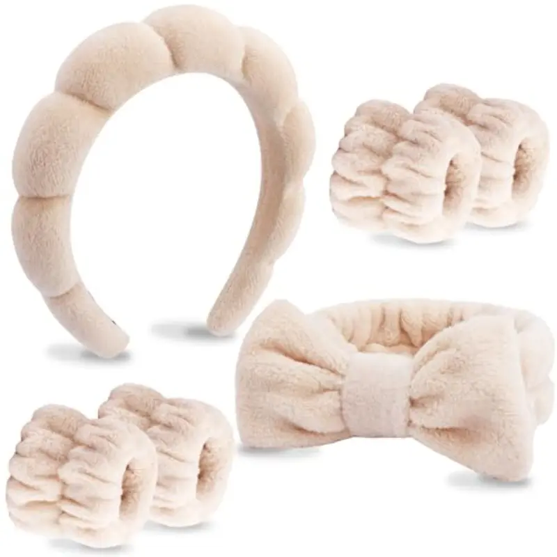 Women's Cloud Headband & Wristband Set, Coral Fleece Bow Hair Accessory, Soft Spa Headbands for Face Washing & Makeup, Hair Bows Headbands