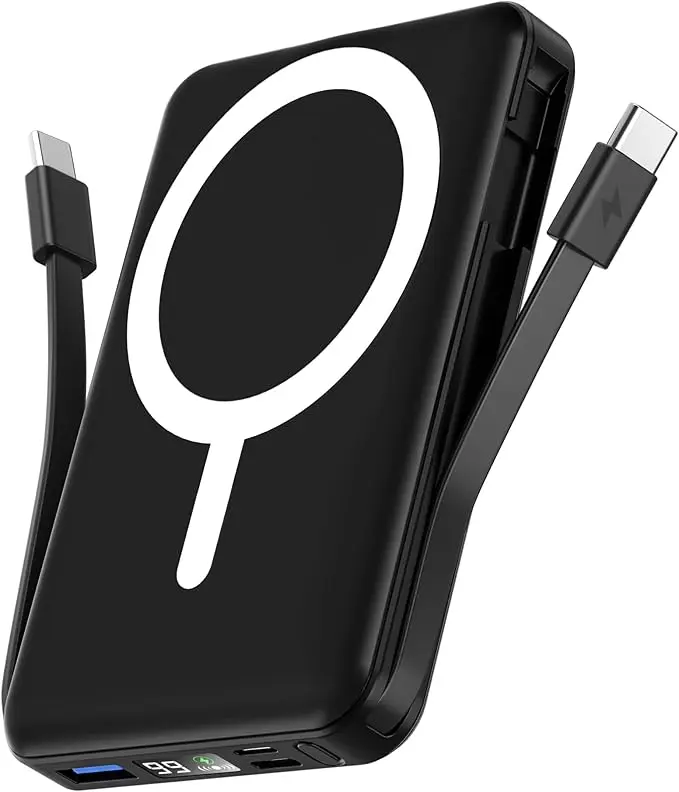 Podoru 10000mAh Magnetic Power Bank - USB Mobile Multi-Device Charger with Built-in Type-C & Lightning Cables, Magnetic Wireless Charging, Smart Digital Display, Silicone Compatibility, Compact Backup, Manufacturer Warranty