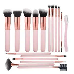 16PCS Multi-Use Cosmetic Brush Set with Eyebrow Razor - Premium Synthetic Soft Bristles Face & Blending Tools for Foundation, Powder, Concealer - Lightweight Grip Easy Control for Smooth Blend Flawless Finish (Pink)