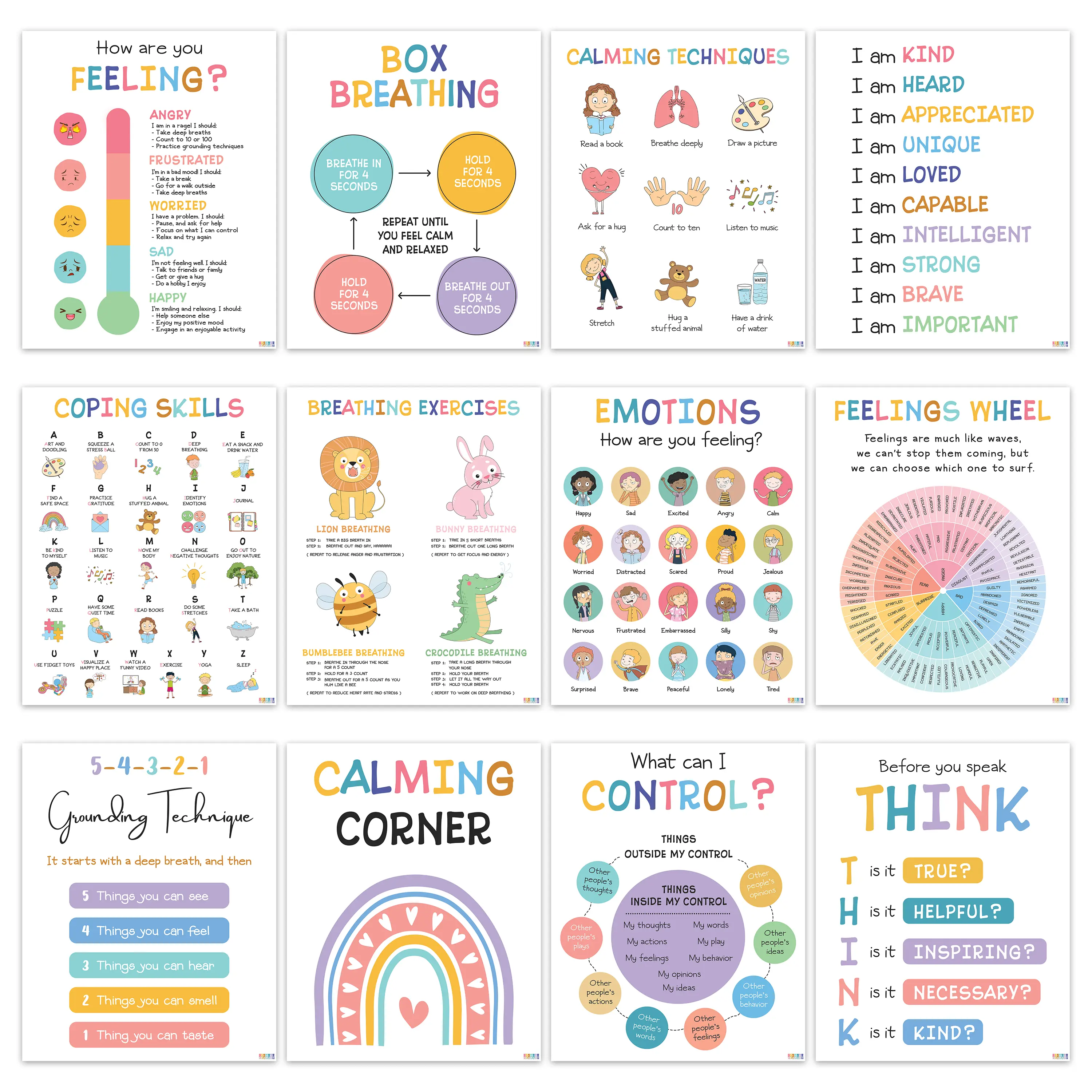 12-Pc 8x10 in Calming Posters Pack - Classroom Supplies Charts, Calming Corner Tools, Emotional Intelligence Visual Aids for Kids to Develop Coping Skills & Encourage Discussion (School & Home Use)