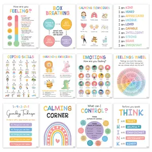 Calming Corner Classroom Posters 12 Pcs 8x10 Inches, Mental Health Therapy Office Decor for Kids Toddler, Emotional Intelligence, Big Feelings, Visual Learning Tools, Teaching Supplies, School Supplies