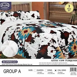 BORREGO 3-Piece Western Blankets Set - Aztec Cow Turquoise Super Soft Flannel Fleece, Queen Size Blankets, Soft Textured, Fits Queen, King & Cal King Sizes