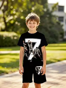 Cool Colorblock Football Star Kids' 3D Athletic Short Sleeve Set, Slim-Fitting Casual, Perfect for Outdoor Birthday Gifts